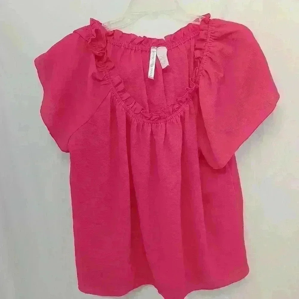 "Forgotten grace" blouse hot pink ruffle neckline short sleeve extra large